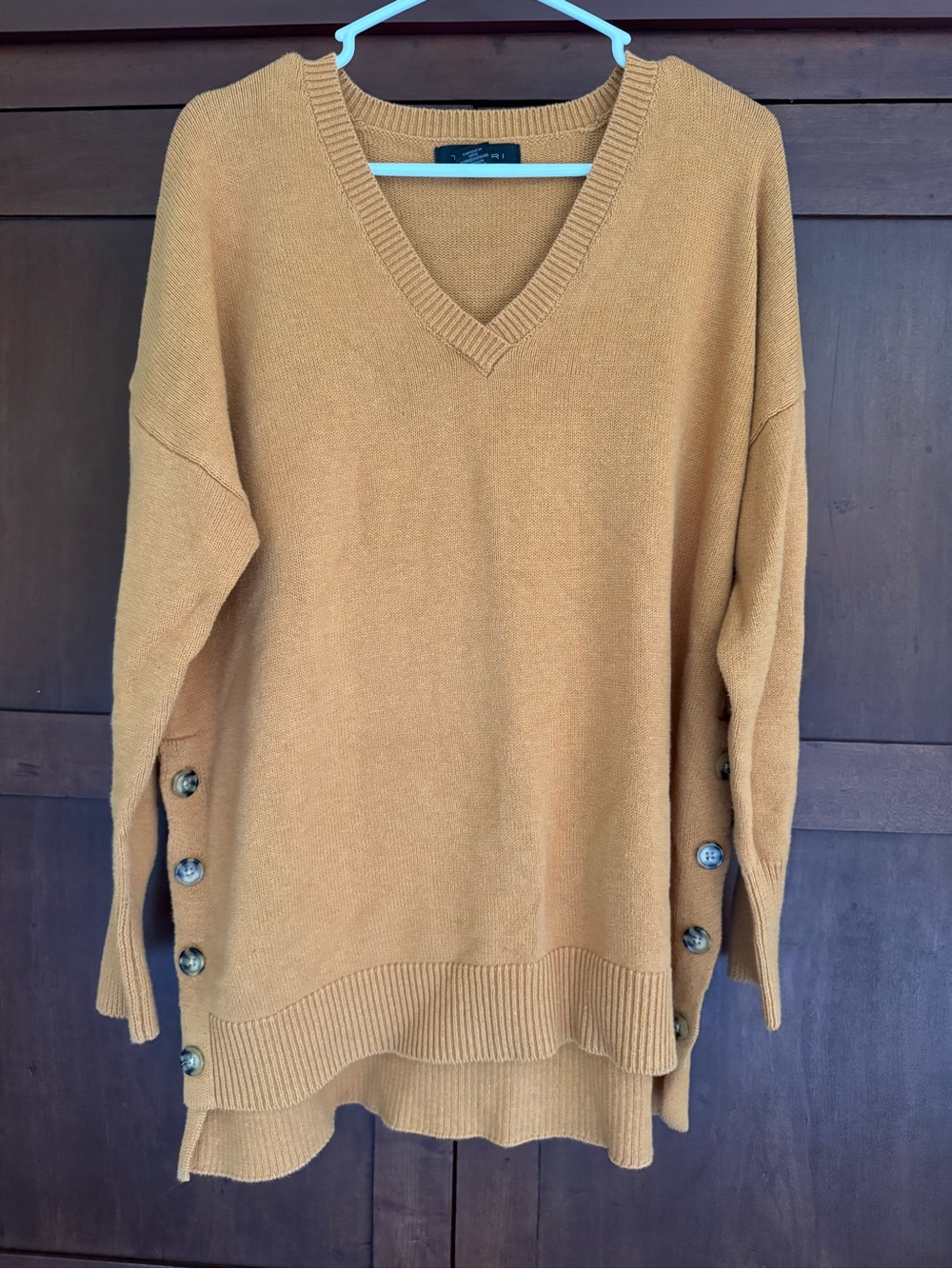 Tahari Woman Mustard V-Neck Button-Side Longline Sweater